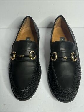 Bally Black Leather Woven Bit Loafers with Gold Hardware